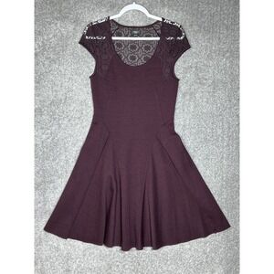 Deletta Anthropologie Plum Ponte Wool Blend Lace Pleated Dress Women Sz Medium